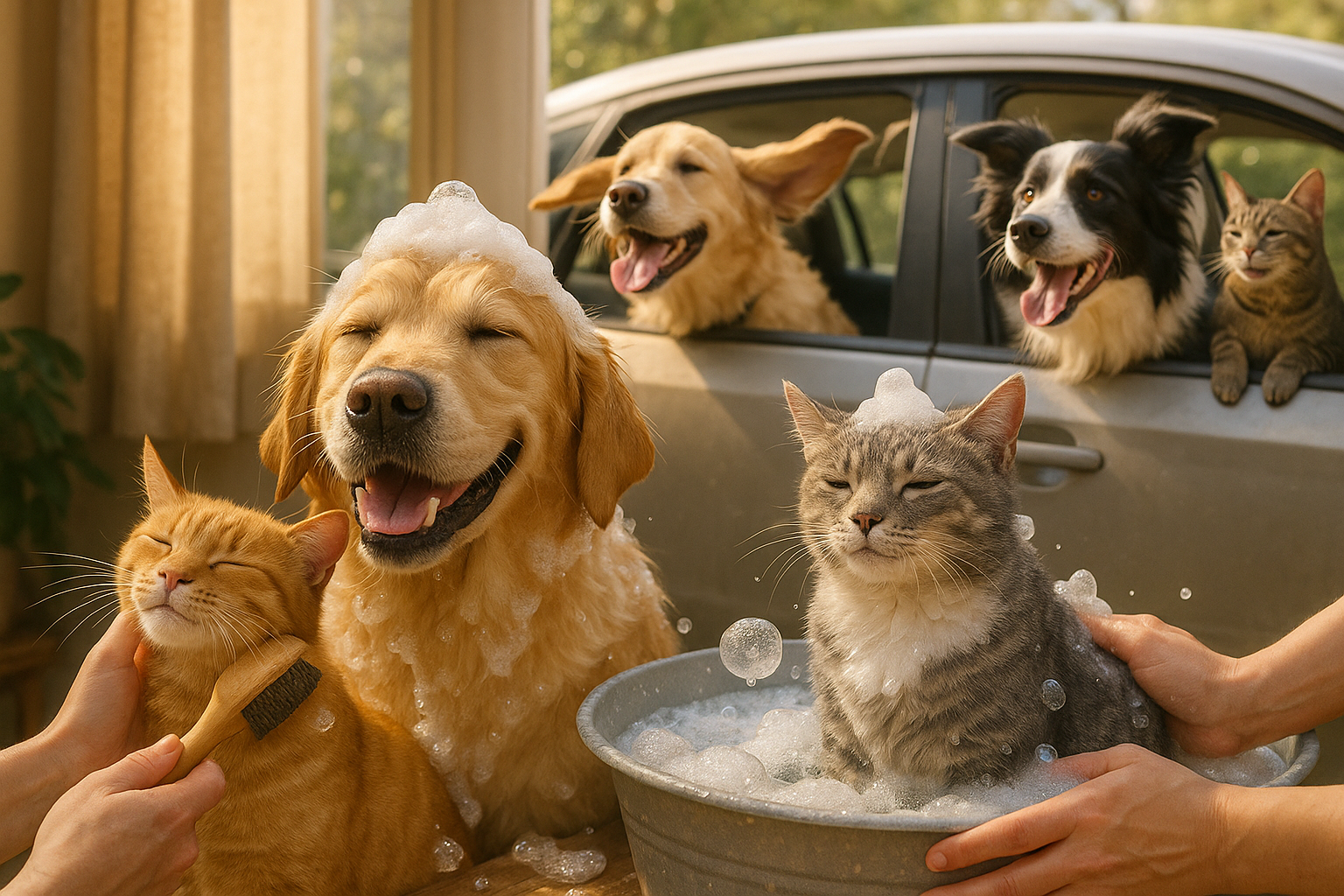 realistic image where a pet family is grooming and bathing and driving them around in a car happily